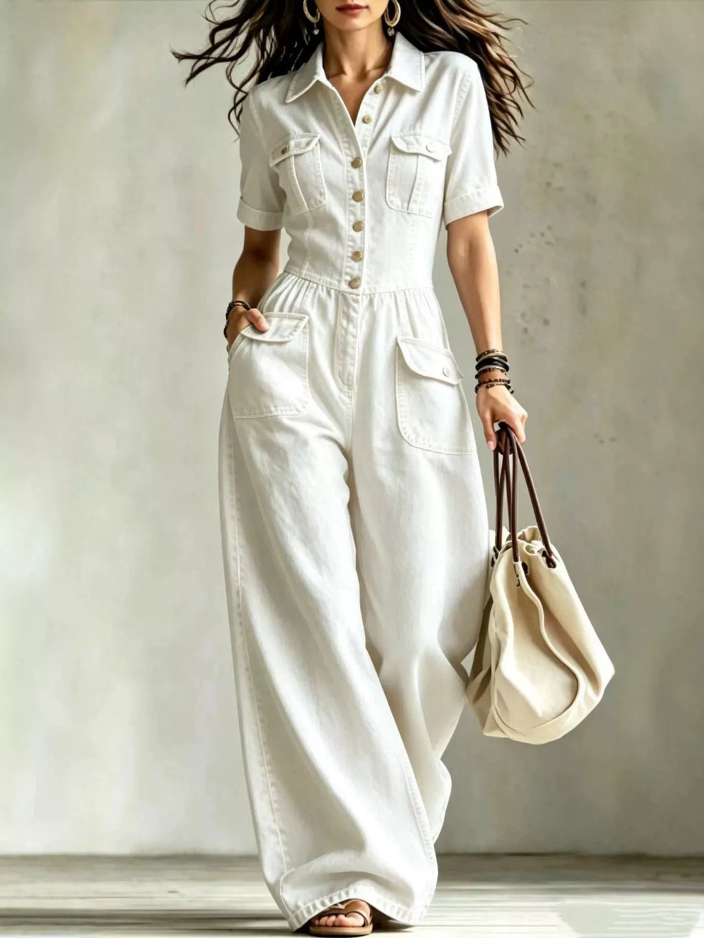 Full size denim wide-leg jumpsuit with chest pockets, plus size, styled with a relaxed fit and trendy design.
