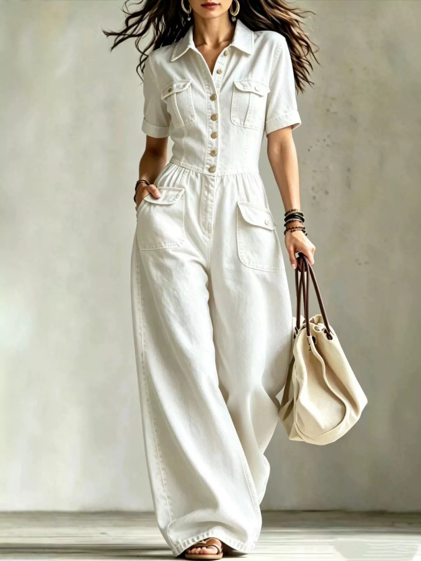 Full size denim wide-leg jumpsuit with chest pockets, plus size, styled with a relaxed fit and trendy design.