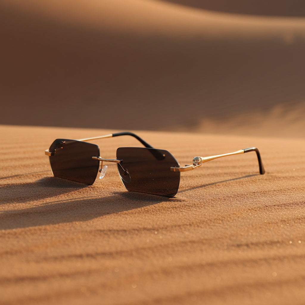 Gold frame cheetah rimless sunglasses with sleek design, stylish eyewear from Plush Fashion Hub in hip-hop fashion style.