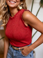 Women's ribbed stretchy sleeveless tank top with wide straps and crew neck from Plush Fashion Hub, shown in a neutral color.