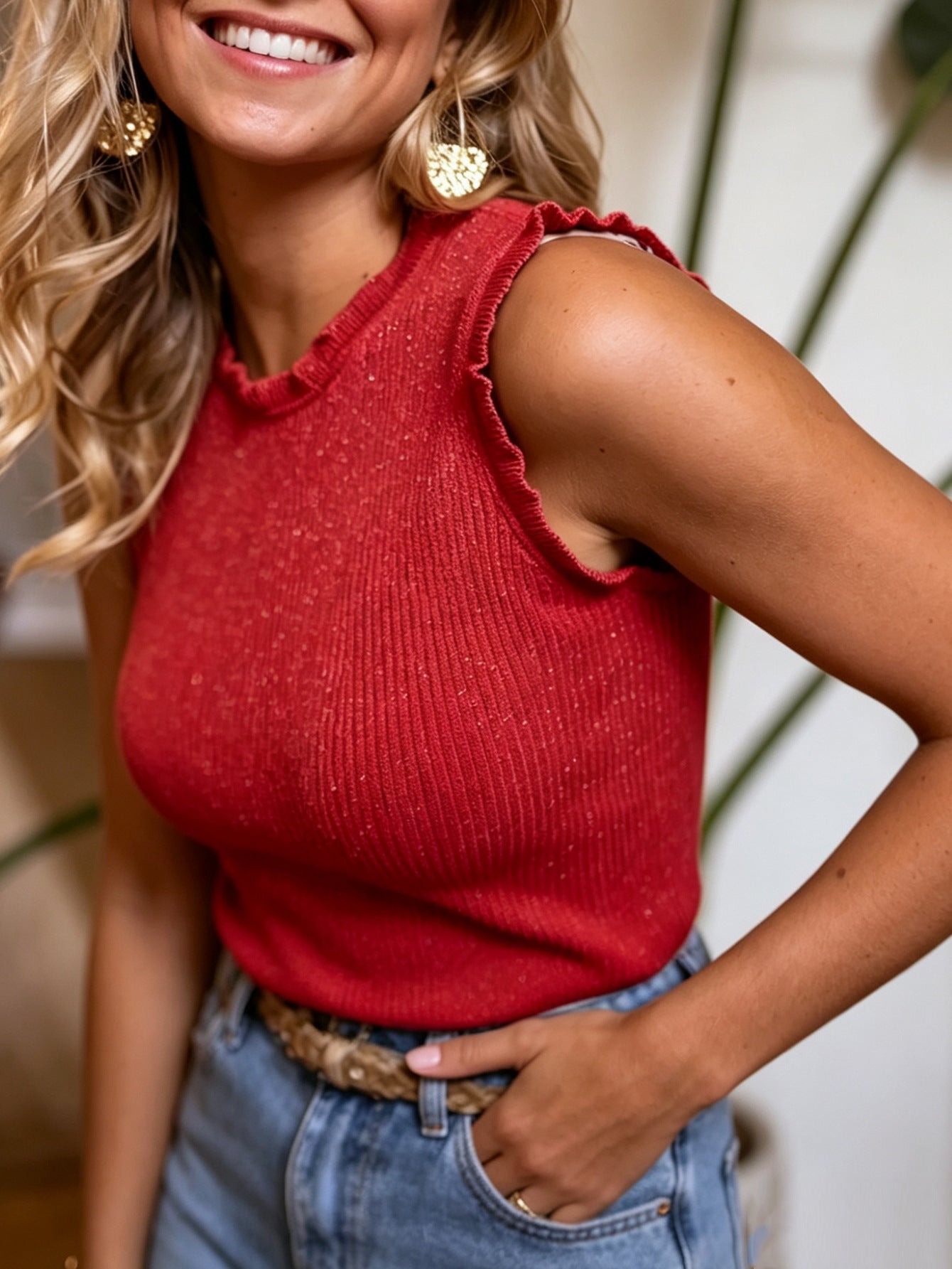 Women's ribbed stretchy sleeveless tank top with wide straps and crew neck from Plush Fashion Hub, shown in a neutral color.