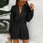 Women's solid color elegant V-neck lace long sleeve blouse and shorts set by FitiqueFit, casualwear style, shown on a model.