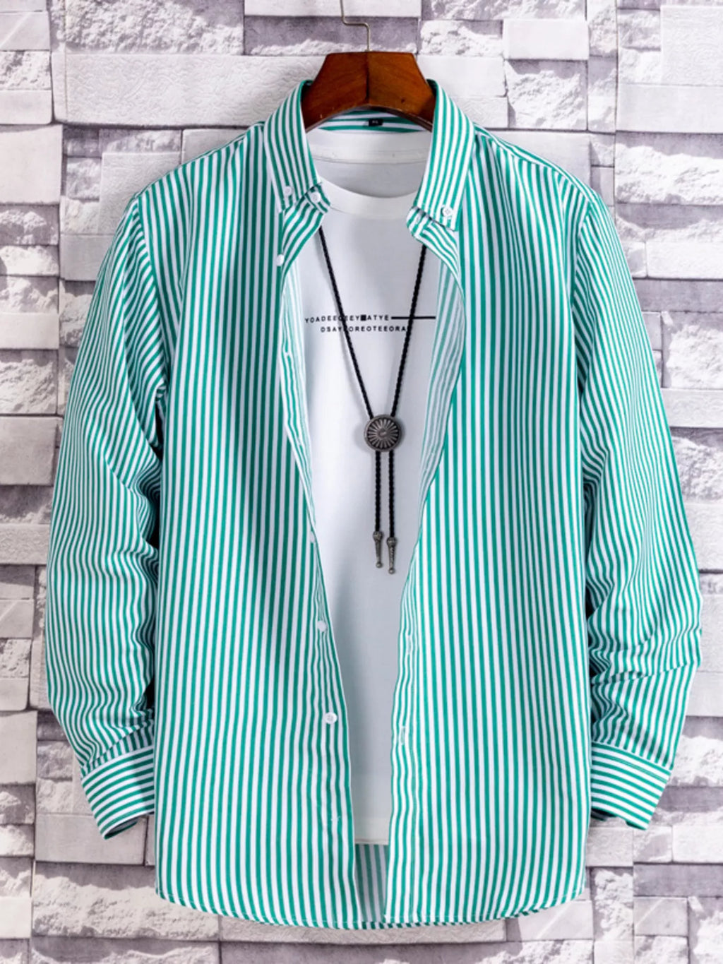 Men's plus size striped button-up casual shirt by Trendsi, featuring a stylish pattern and classic collar design.