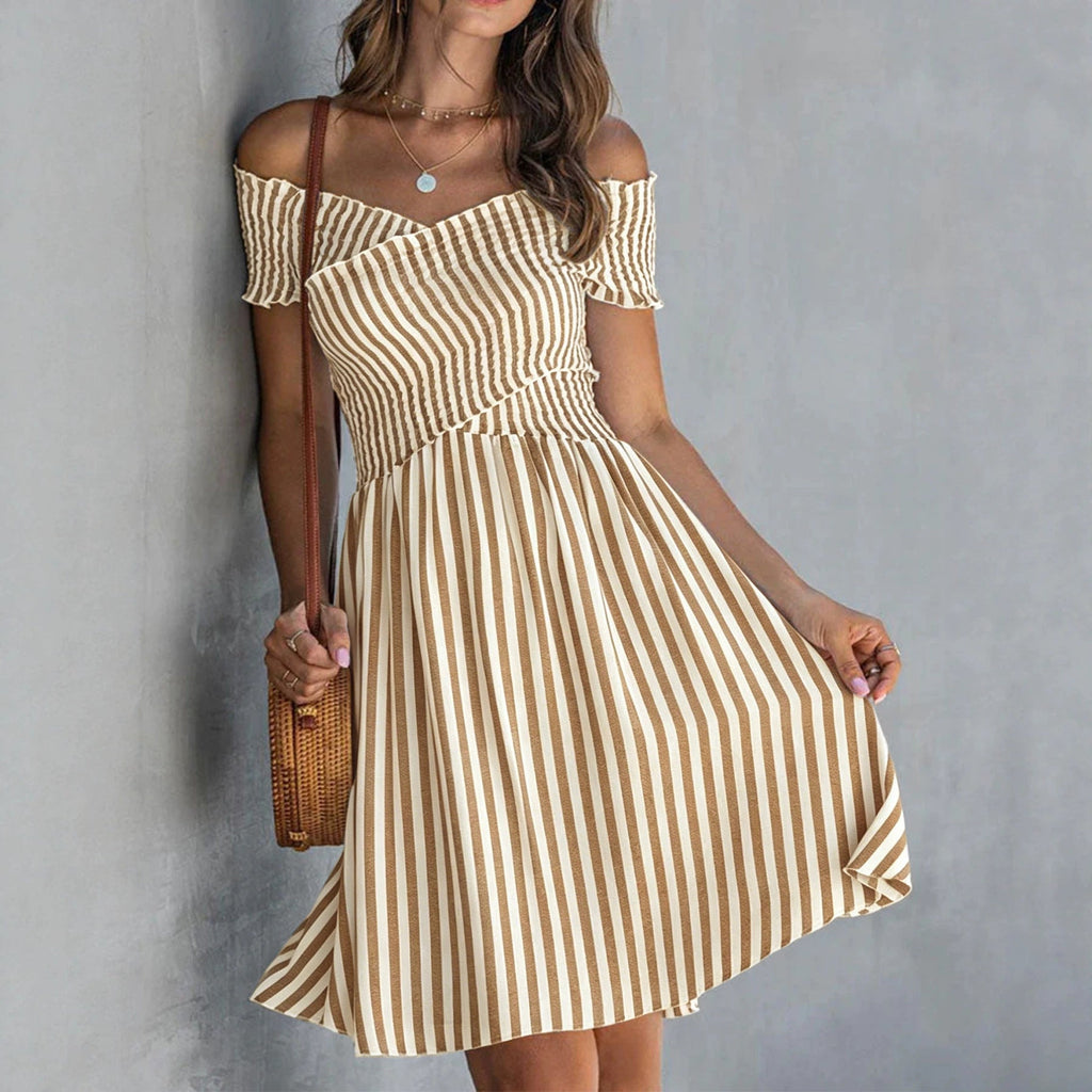Women's off-shoulder striped waist-cinching midi dress by FitiqueFit, casualwear with a fitted waist and stylish off-shoulder design.