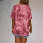 Women's tie-dye print drawstring T-shirt with short sleeves, loose fit, casual style by Plush Fashion Hub.
