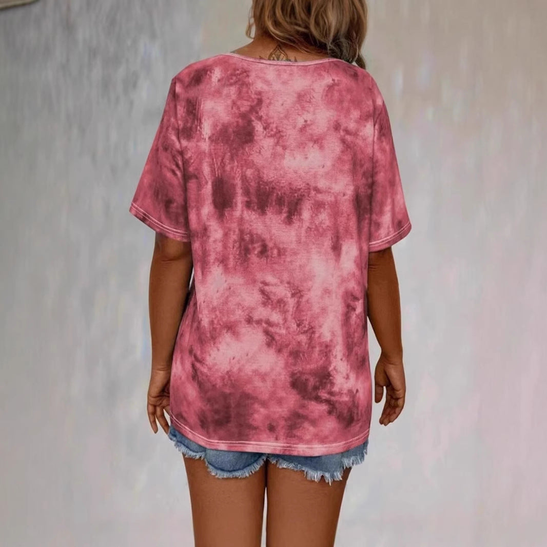 Women's tie-dye print drawstring T-shirt with short sleeves, loose fit, casual style by Plush Fashion Hub.