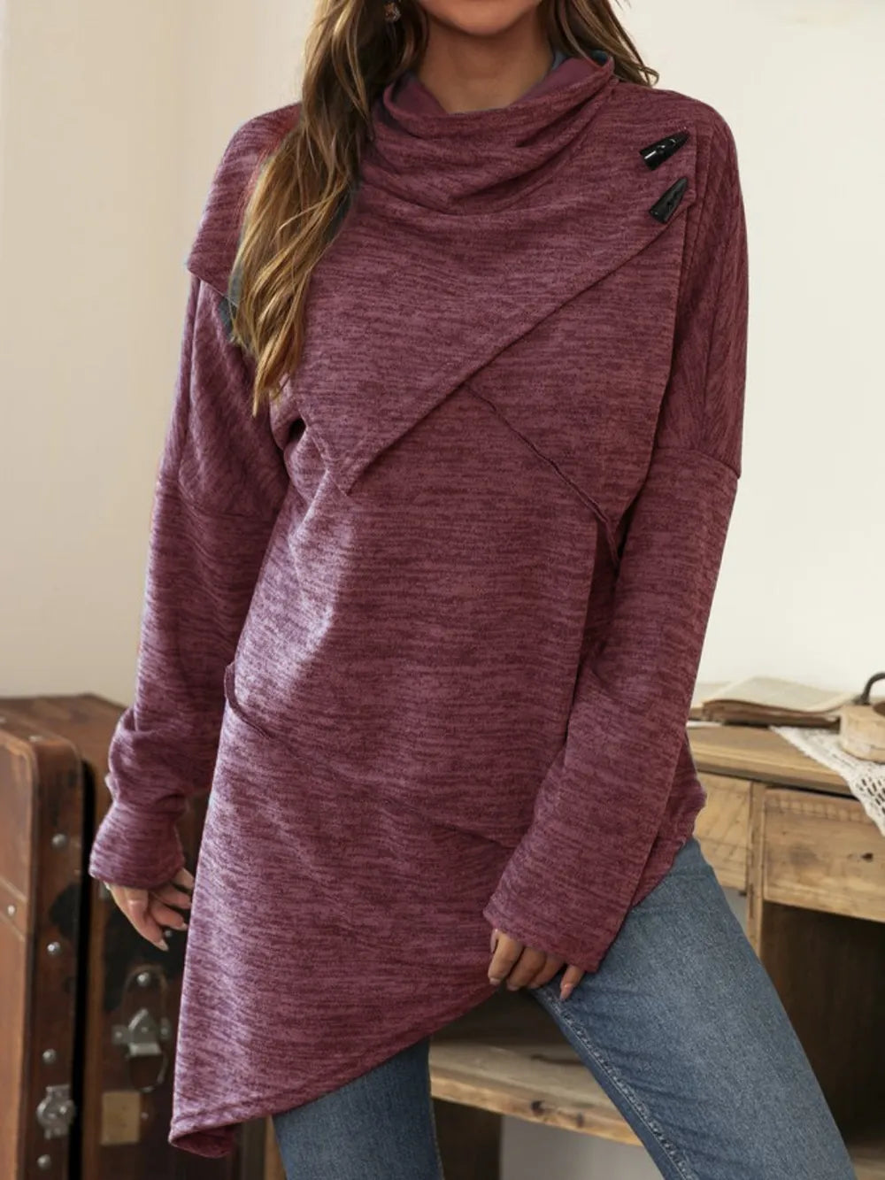 Asymmetrical hem cowl neck long sleeve T-shirt from Trendsi, featuring a unique hem and cozy cowl neckline in a stylish top design.
