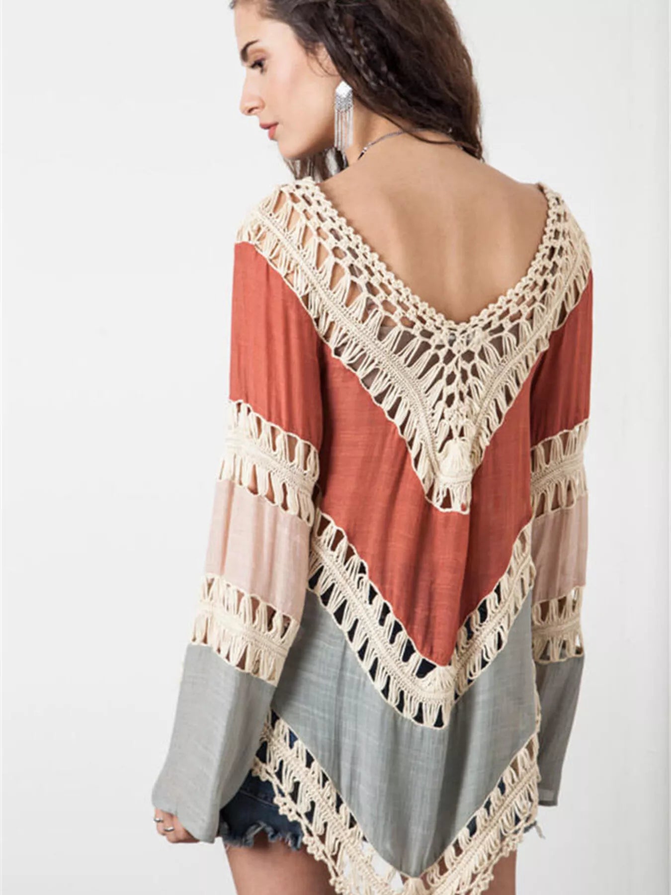 Crochet-trimmed long sleeve swim cover-up by Trendsi, lightweight and stylish for beach or poolside wear.