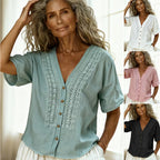 Women's loose-fit faux linen embroidered button-up top, casualwear from Plush Fashion Hub, shown in natural beige fabric.