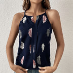 Women’s feather print notch V-neck camisole vest by FitiqueFit, casualwear with a stylish feather pattern and V-neck design.
