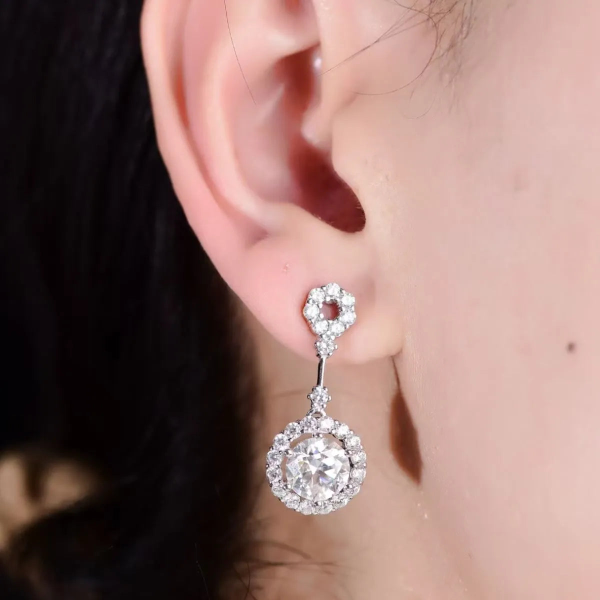 4 Carat Crystal Drop Dangle Earrings with Round Halo Design, featuring sparkling crystals and elegant jewelry craftsmanship.