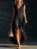 Women's sleeveless V-neck ruffle hem maxi dress in cotton linen by FitiqueFit, shown in a casualwear style.