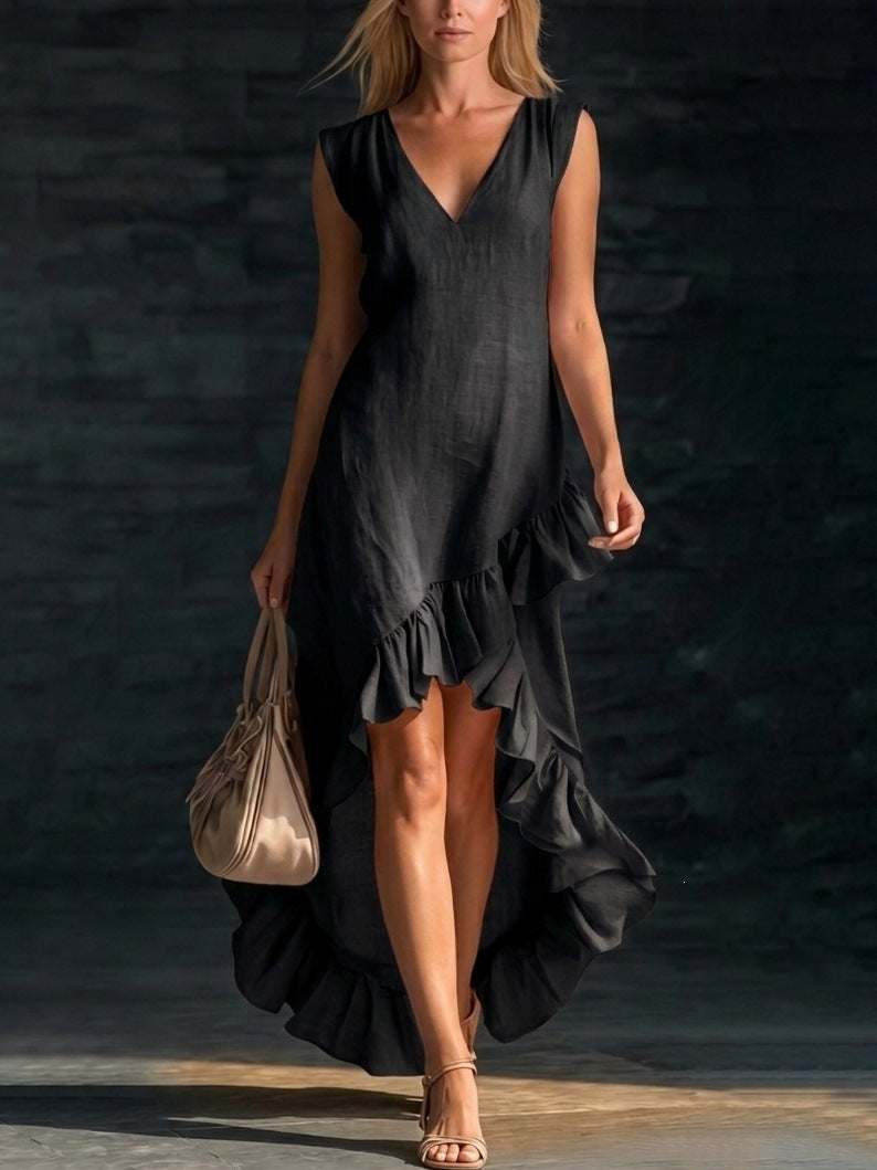 Women's sleeveless V-neck ruffle hem maxi dress in cotton linen by FitiqueFit, shown in a casualwear style.