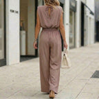 Women's off-shoulder sleeveless wide-leg jumpsuit with high waist and belt, casual FitiqueFit fashion, styled for summer wear