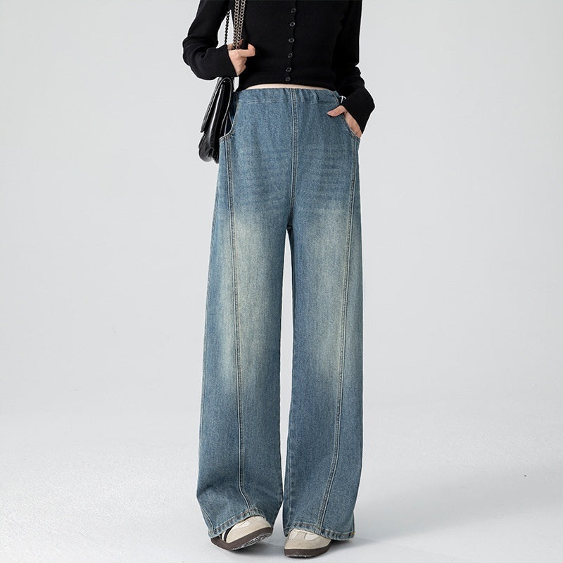 Retro loose straight-leg high-waist maternity jeans in casualwear style, featuring a floor-length wide-leg design by Plush Fashion Hub.