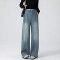 Casualwear maternity jeans with retro loose straight-leg style, high-waist, and floor-length wide-leg design by Plush Fashion Hub.