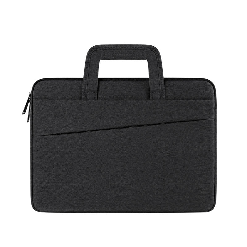 Plush Fashion Hub laptop bag, black business briefcase with handles and shoulder strap, padded interior for laptops and documents.