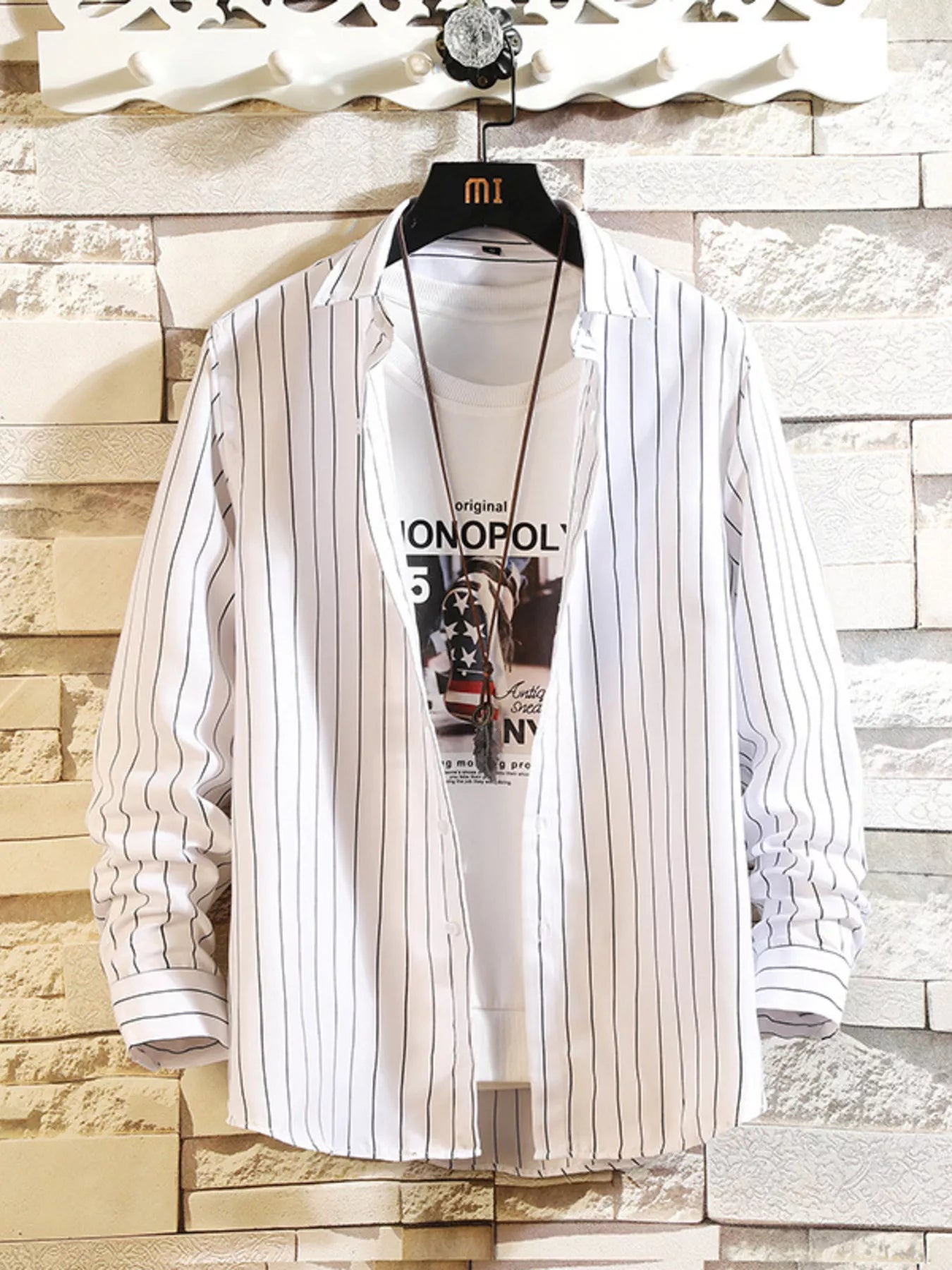 Men's plus size casual striped button-up shirt by Trendsi, featuring a classic collar and long sleeves for a relaxed look.