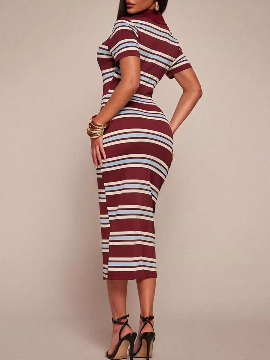Shopimist striped midi dress with polo collar, featuring bold horizontal stripes and a relaxed fit, perfect for casual wear.