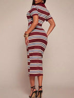 Shopimist striped midi dress with polo collar, featuring bold horizontal stripes and a relaxed fit, perfect for casual wear.