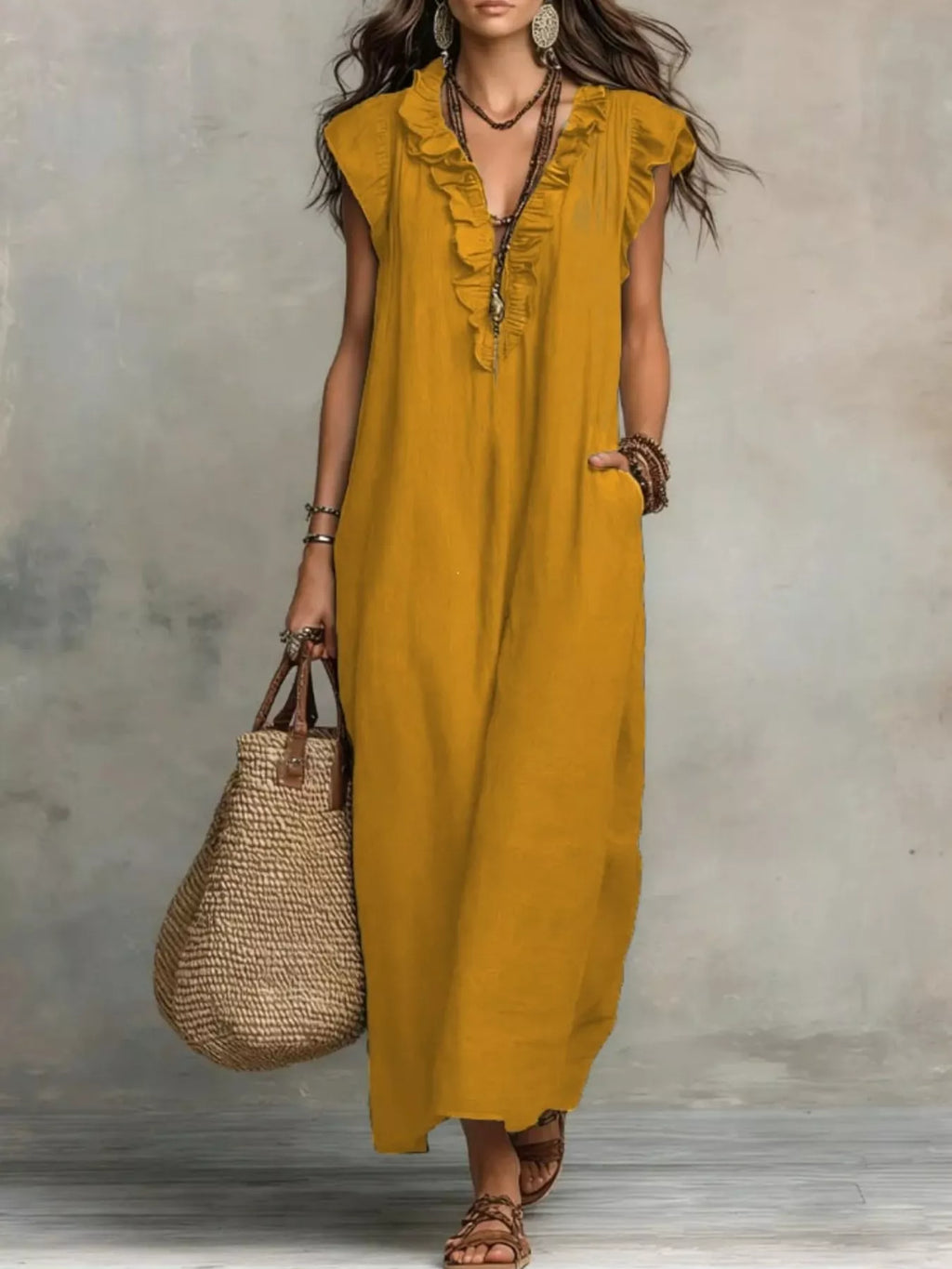 Plush Fashion Hub ruffled V-neck maxi dress with flowing fabric and tiered design, perfect for elegant summer occasions.