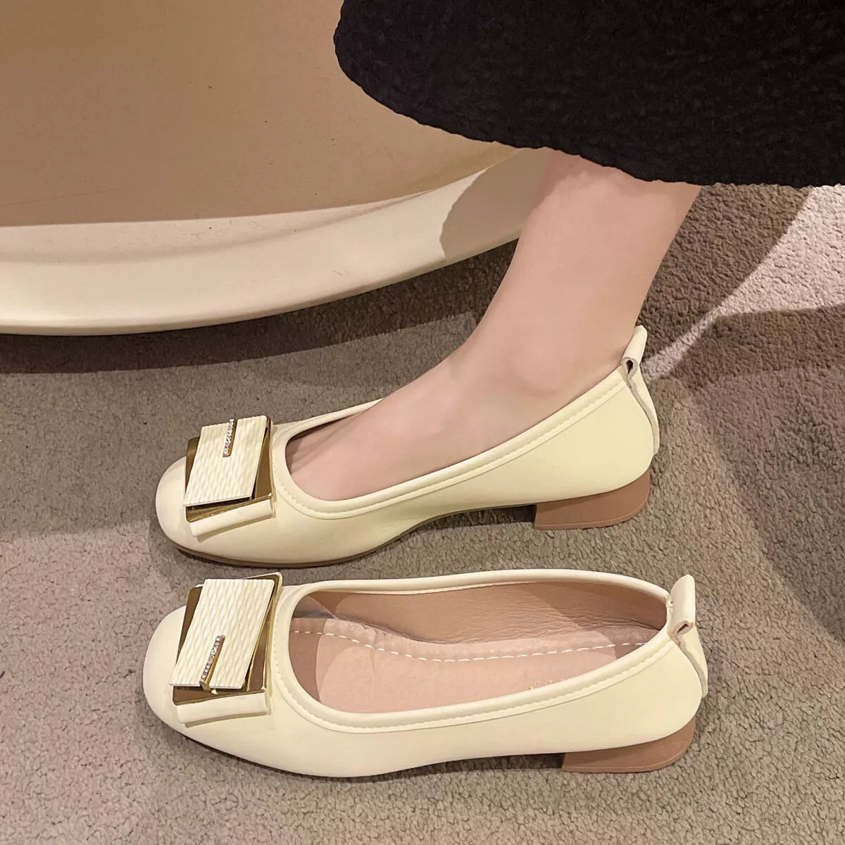 Plush Fashion Hub round toe block heels slip-on footwear showing sleek black design and sturdy heel for everyday wear.