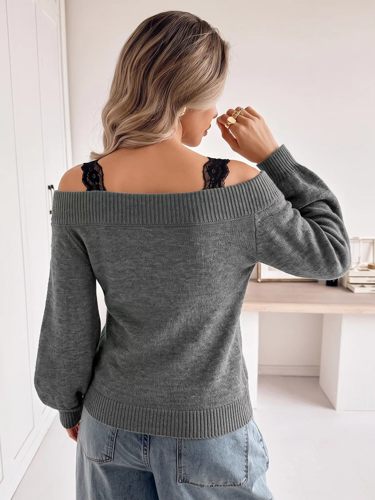 Off-shoulder lace trim sweater by Plush Fashion Hub featuring a cozy knit design and elegant lace detailing on the shoulders.