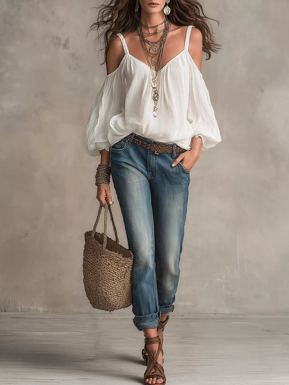 Cold shoulder balloon sleeve blouse by Plush Fashion Hub featuring lightweight fabric and stylish design, shown on a white background.