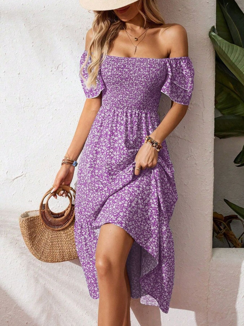 Floral print smocked ruffle sleeve midi dress by Trendsi, lightweight summer dress with feminine ruffle details and floral pattern.