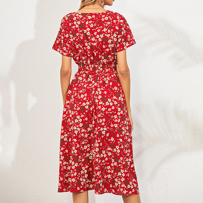 V-Neck floral print satin maxi dress by FitiqueFit, featuring an A-line silhouette in a colorful floral pattern.