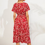 V-Neck floral print satin maxi dress by FitiqueFit, featuring an A-line silhouette in a colorful floral pattern.