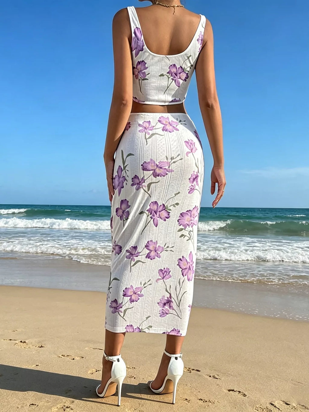 Floral print top and bodycon skirt set by Trendsi, stylish clothing set with vibrant floral design, perfect for casual or dressy occasions.