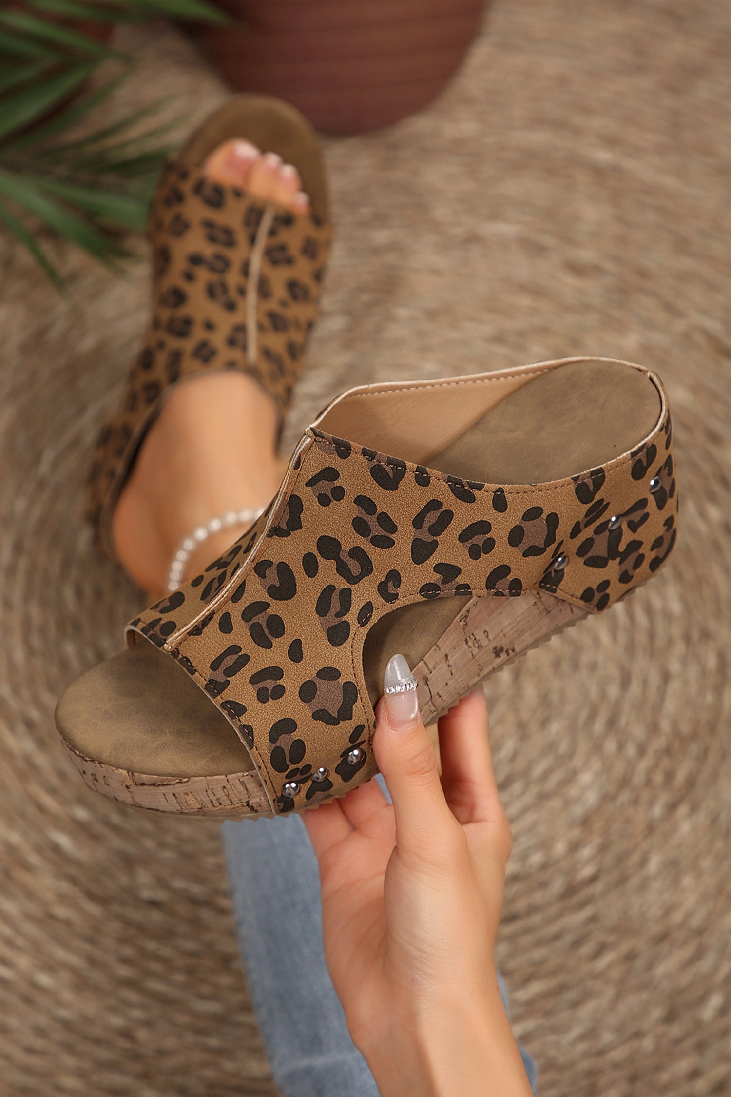 Threaded Pear Jazmine studded cutout wedge slippers with open toe design and textured details, perfect for casual comfort.
