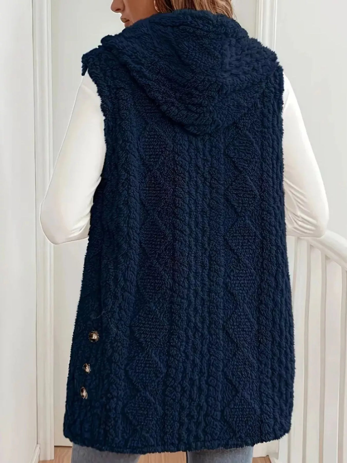 Simply Love hooded button-up sherpa vest coat with a cozy fleece lining and front buttons, perfect for cold weather.