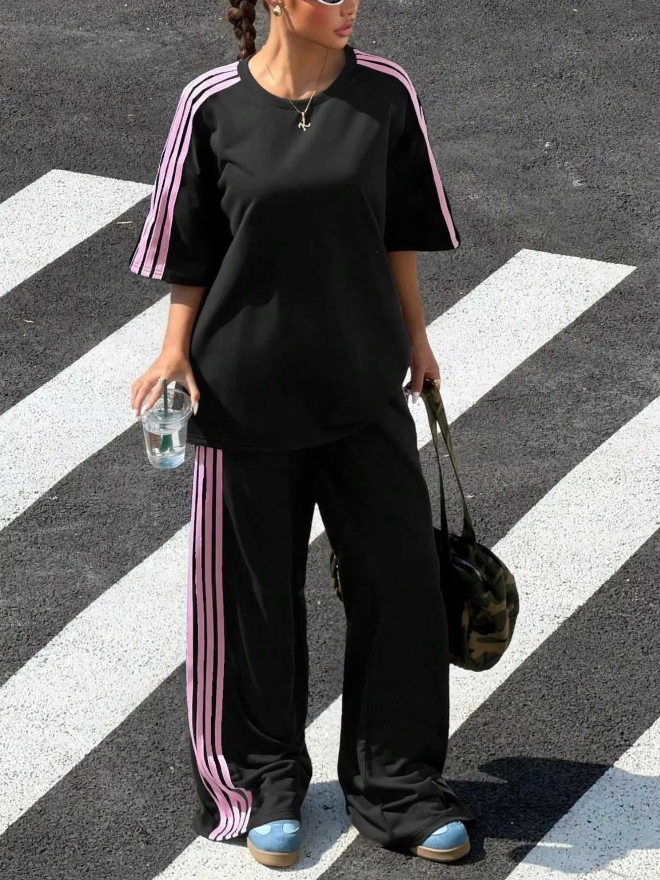 Trendsi striped short sleeve top and matching pants set, casual summer outfit with blue, white, and pink stripes, laid flat.