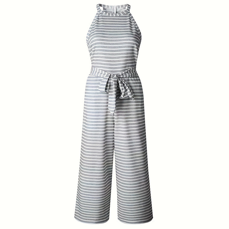 Plush Fashion Hub casual striped jumpsuit with cap sleeves and wide-leg design, perfect for summer casualwear.
