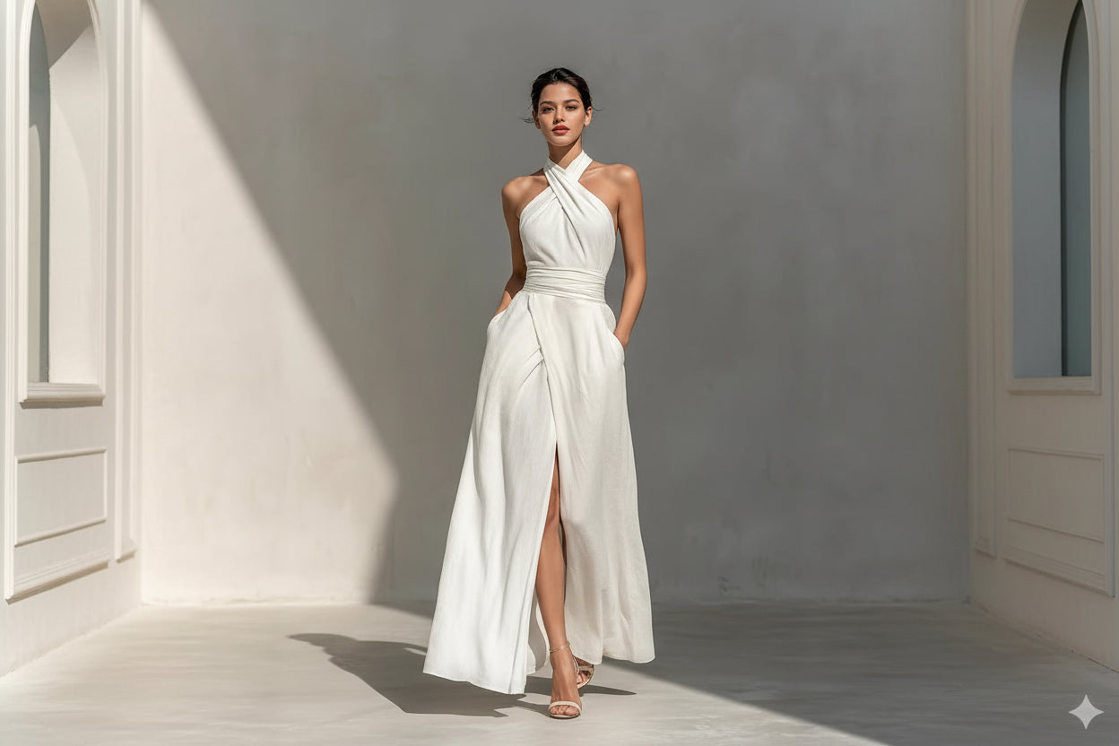 Slim-fit, sleeveless white casual dress by FitiqueFit featuring elegant design and clean, classic style.