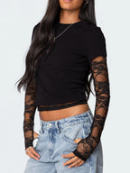 Women's elegant lace sleeve fitted T-shirt by Trendsi, showcasing a sophisticated casual top with lace accents and a sleek fit.