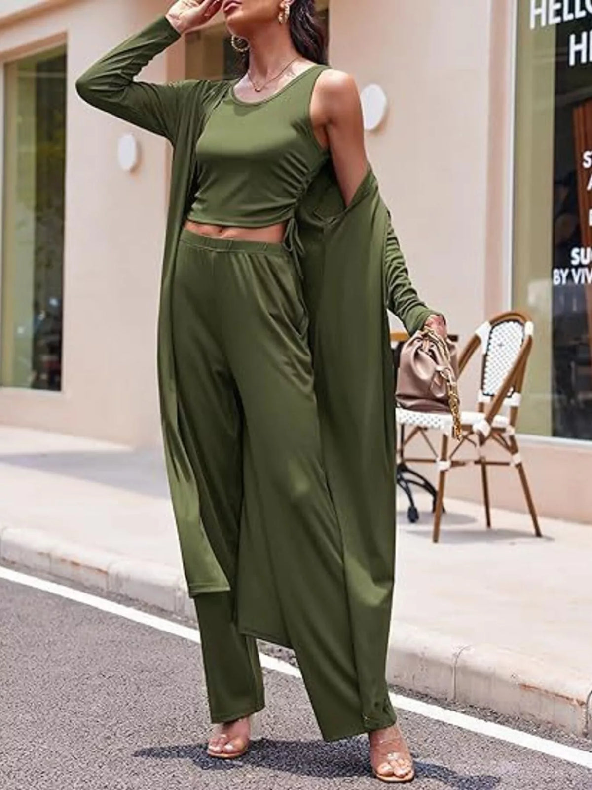 Plush Fashion Hub round neck tank cardigan and matching pants loungewear set, soft and comfortable for casual wear.