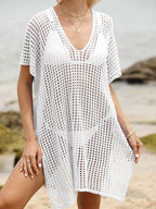 Openwork V-neck slit cover-up from Trendsi, lightweight and stylish swimwear cover-up with open-weave design and slit details.