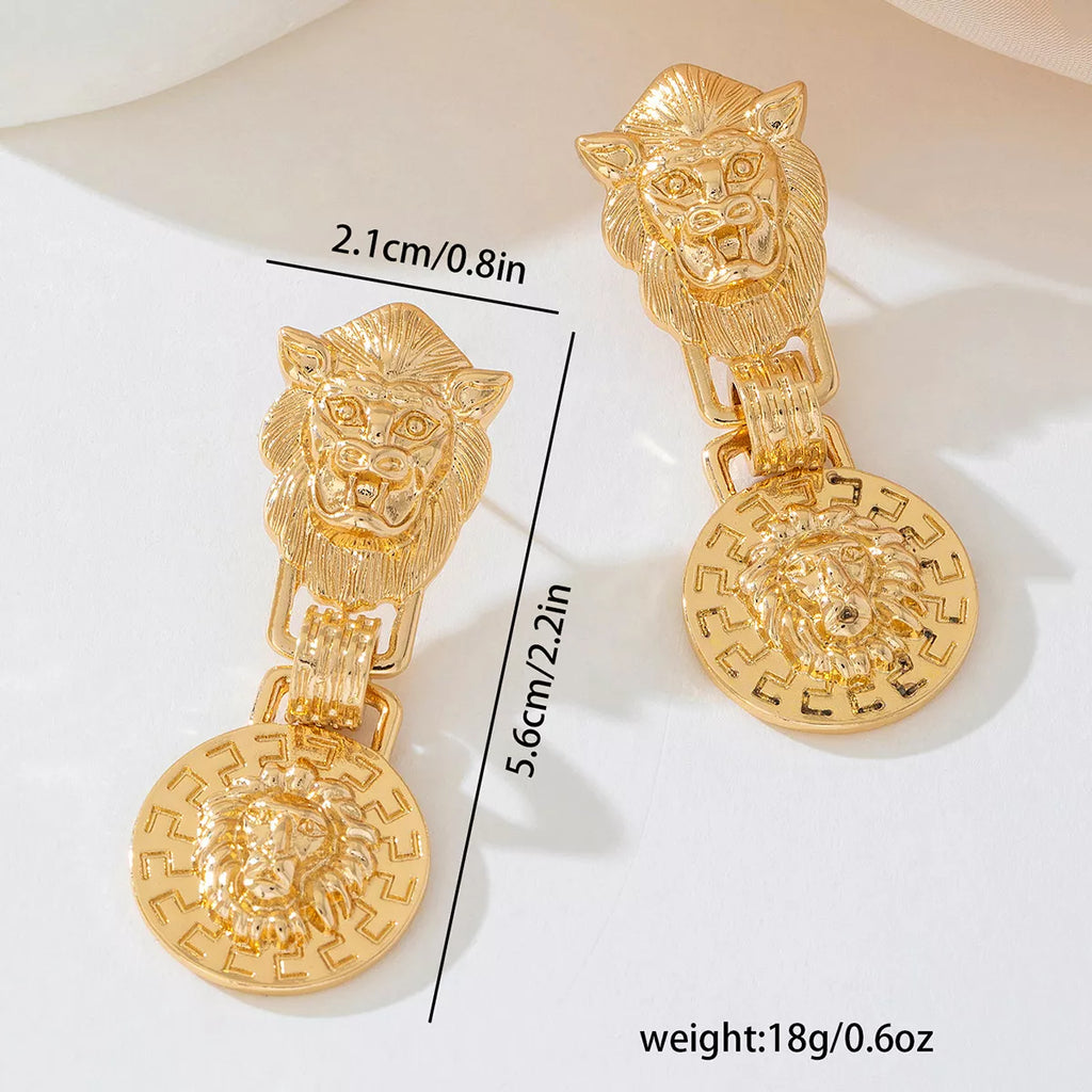 18K gold-plated lion head medallion drop earrings with intricate detailing and secure hooks for stylish, bold jewelry.