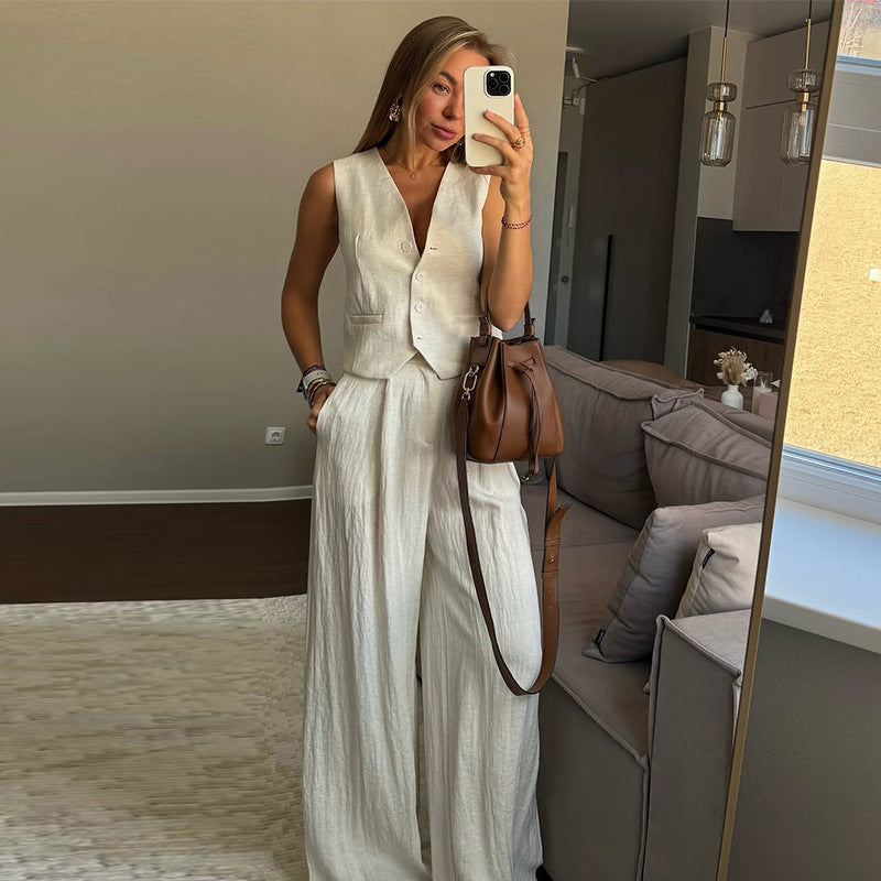 FitiqueFit women's casual vest top and high waist wide-leg pants two-piece set, shown in a stylish, relaxed fit.