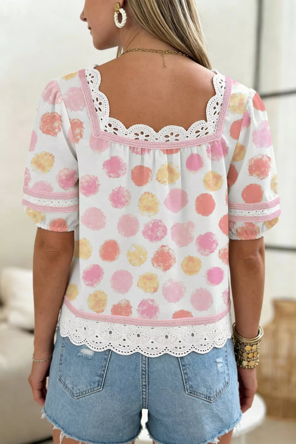 Polka dot lace trim square neck puff sleeve blouse by Plush Fashion Hub, featuring feminine ruffle details and a stylish vintage-inspired design.