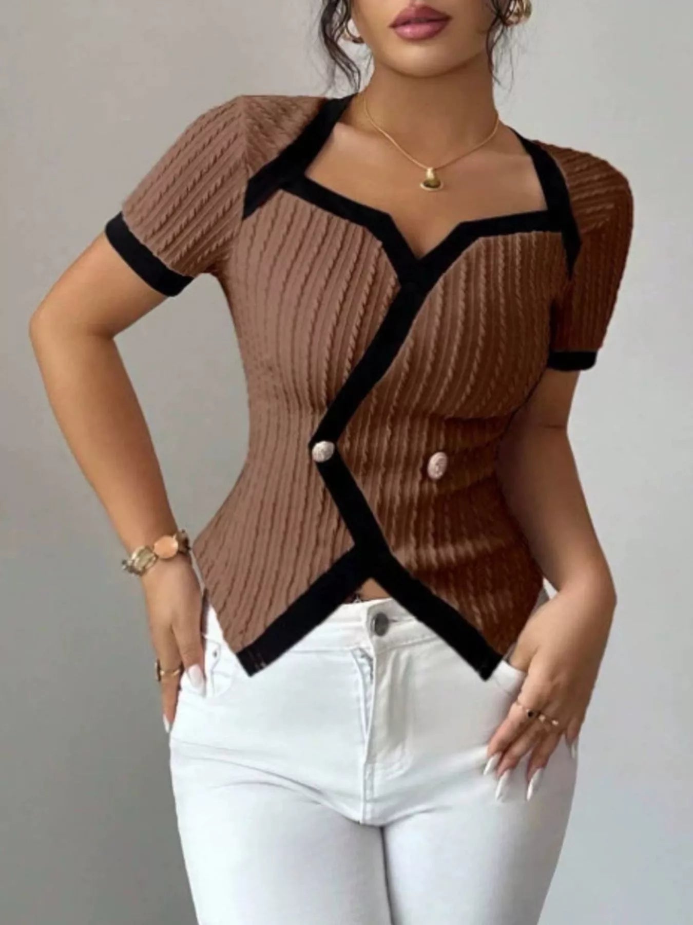 Earth tones contrast trim short sleeve T-shirt by Plush Fashion Hub, showing a casual top with contrasting trim details.