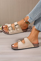 Leah Buckle Faux Suede Slippers by Threaded Pear featuring buckle detail and soft interior for comfortable indoor wear.