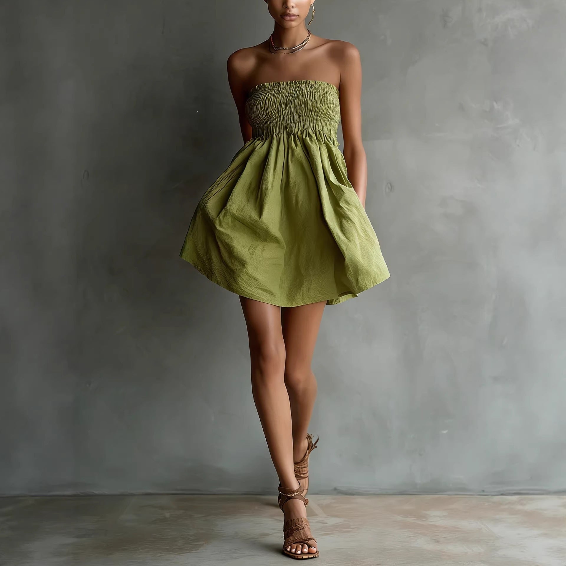 Women's strapless mini dress by FitiqueFit, casual solid color tube dress with elastic waist and sleeveless design.