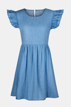 VYSN full size denim dress with ruffled round neck and cap sleeves, featuring a stylish casual fashion look.
