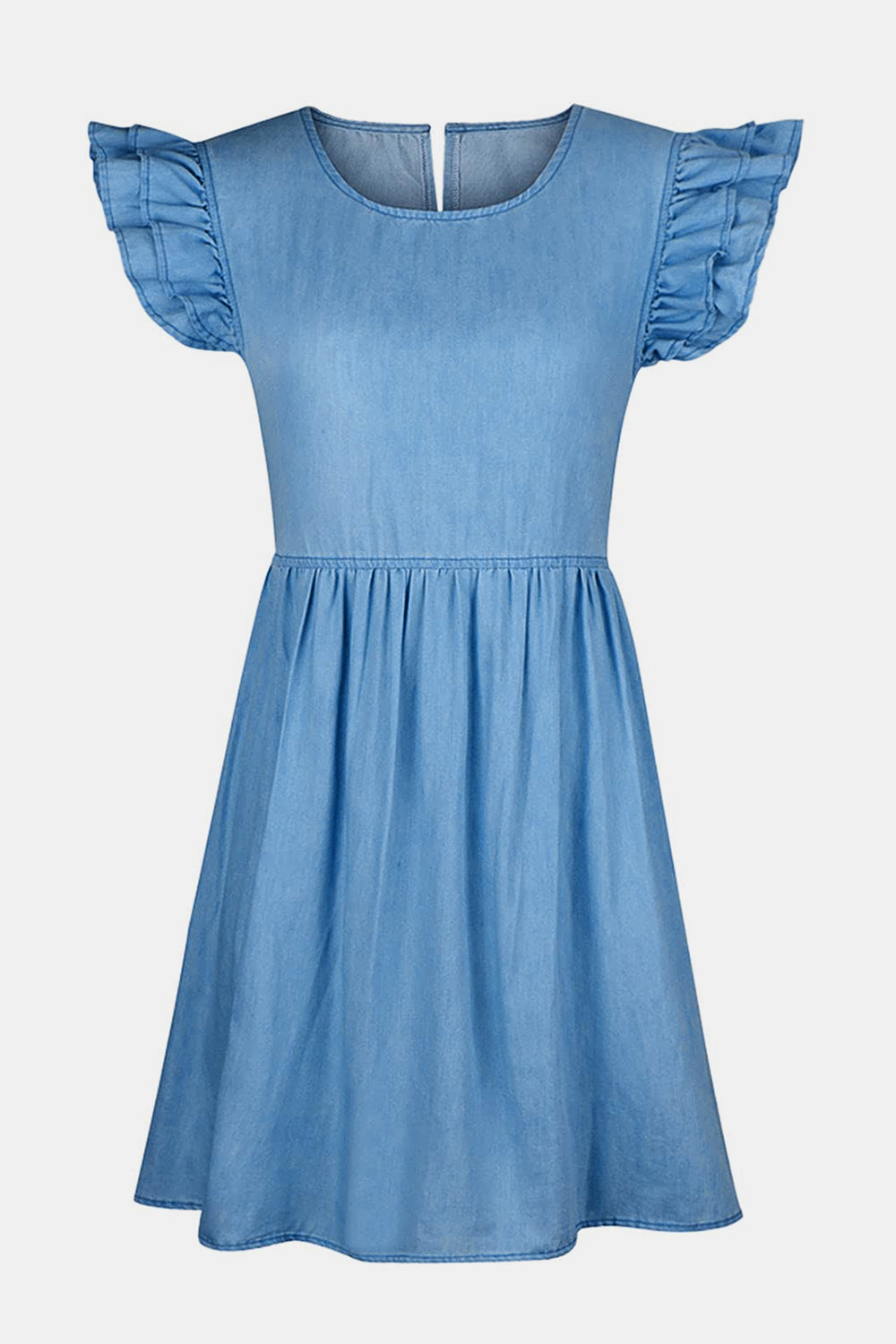 VYSN full size denim dress with ruffled round neck and cap sleeves, featuring a stylish casual fashion look.