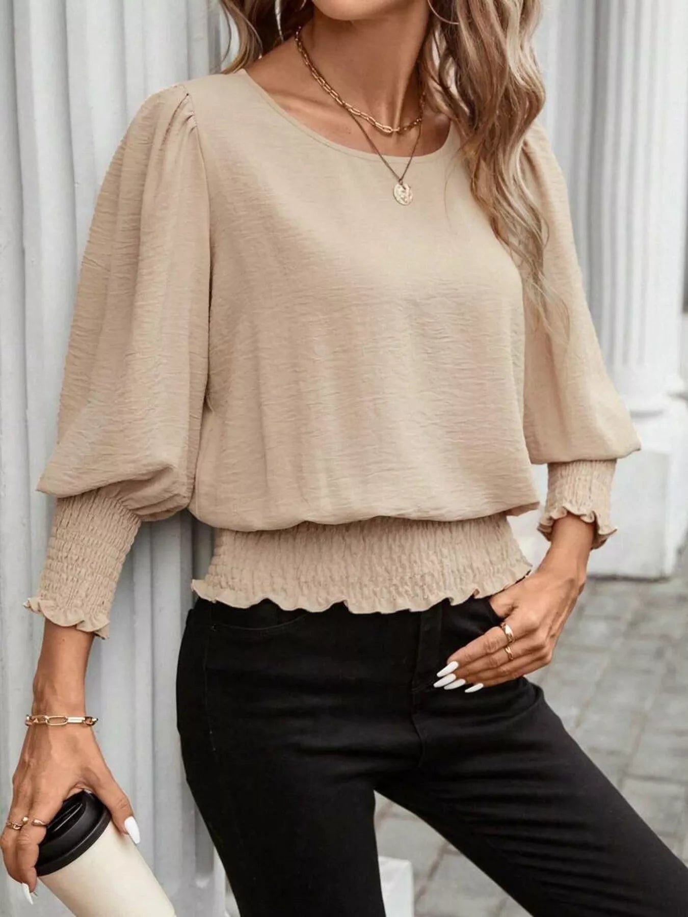 Plush Fashion Hub puff sleeve smocked blouse with ruffle details and lightweight fabric, perfect for stylish casual wear.