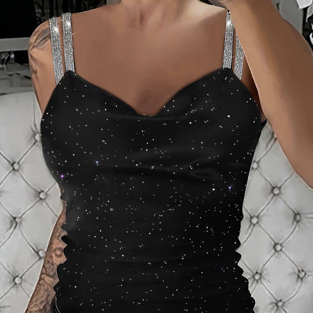 Sequin V-neck camisole by FitiqueFit featuring rhinestone straps and a sparkly, casualwear top with a V-neck design